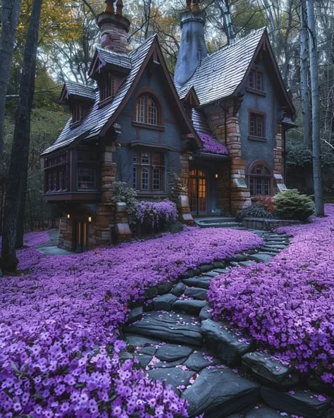 Magic Cottage Aesthetic, Fairytale House Exterior, Storybook Architecture, Witchy Cottage Exterior, Enchanted House, Witchy House Exterior, Wizard House, Witch House Exterior, Purple House