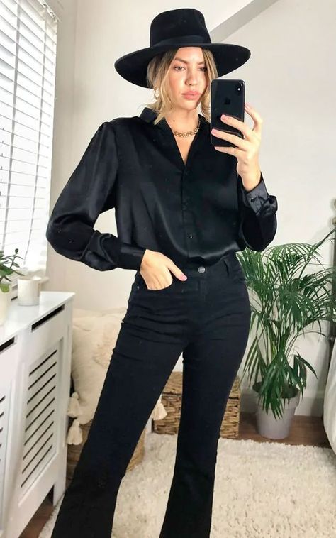 Black Silky Button Up Outfit, Black Bottom Down Shirt Outfit, Black Satin Top Outfit Classy, Satin Black Top Outfit, Black Silk Shirts For Women Classy, Black Satin Shirt Outfit Jeans, How To Style Black Satin Shirt, Black Jeans And Black Shirt Outfit, Smart Black Outfits Women