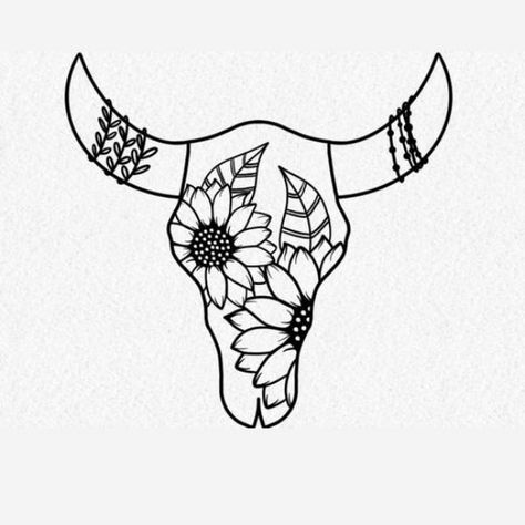 240+ Thrilling Western Tattoos Ideas and Designs (2023) - TattoosBoyGirl Country Sunflower Tattoo, Sunflower Country Tattoos, Western Cow Skull Drawing, Cow With Sunflower Tattoo, Highland Cow Outline Drawing, Western Skull Drawing, Diy Cow Skull Painting Ideas, Western Tattoo Outline, Cow Skull Art Drawing