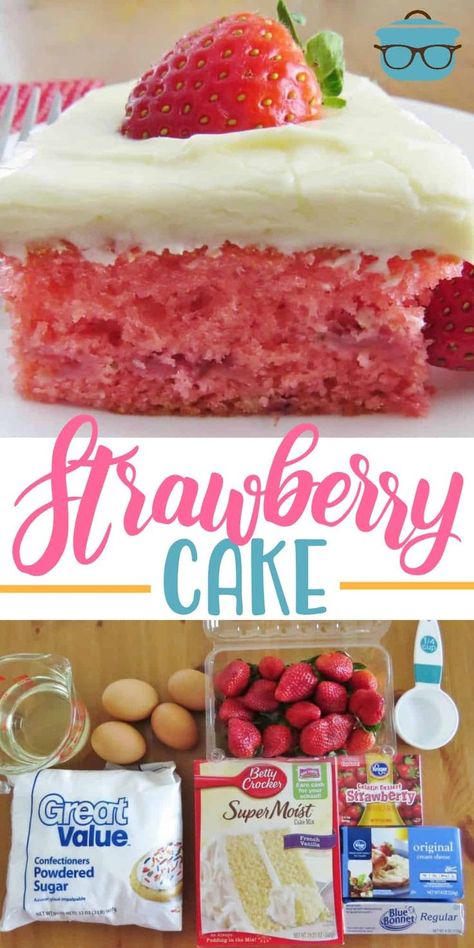 This Easy Fresh Strawberry Cake starts with a boxed cake mix, strawberry jell-o, fresh strawberries and is topped with cream cheese frosting! #strawberrycake #dessert Easy Fresh Strawberry Cake, Strawberry Cake Easy, Fresh Strawberry Cake, Strawberry Cake Mix, Boxed Cake, Strawberry Cake Recipes, Dessert Simple, The Country Cook, Jell O