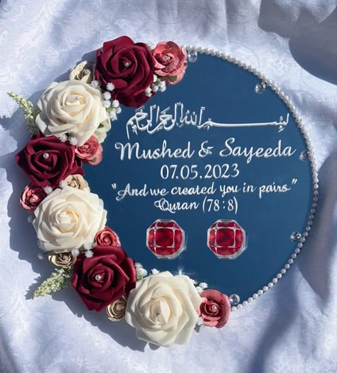 Personalised for your big day! This is an wedding/ engagement ring plate, with red and cream flowers ✨ Each ring plate is customisable according to your preference in terms of colour and design. Ring Plate Ideas, Engagement Ring Plate, Nikkah Ring, Wedding Ring Plate, Engagement Stage Decoration, Engagement Ring Platter, Mirror Decor Ideas, Bridal Gift Wrapping Ideas, Resin Crafts Tutorial