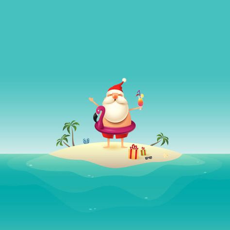 Santa At The Beach, Illustration Beach, Christmas Illustrations, Beach Illustration, Hello December, Beach Santa, Beach Christmas, Christmas Cartoons, Christmas Ornament Crafts