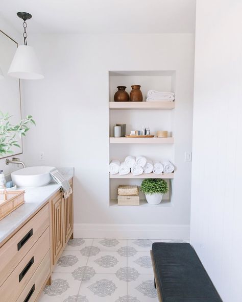 Recessed Shelves, The Company Store, Bathroom Refresh, Basement Bathroom, Upstairs Bathrooms, Bathroom Inspo, Bathroom Renos, Bathroom Kids, Built In Shelves