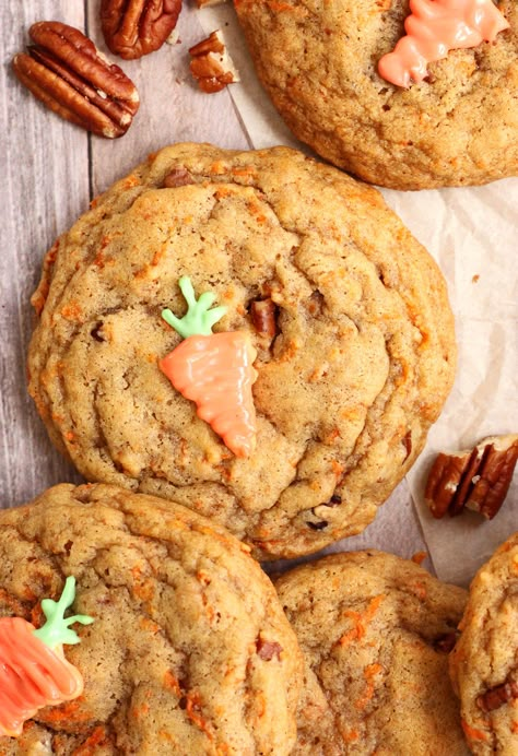 Chewy Carrot Cake Cookies, Carrot Cake Sugar Cookies, Best Carrot Cake Cookies, Pumpkin Carrot Cookies, Salted Butter Cookies, Spring Cookies Recipes, Spring Cookie Recipes, Carrot Dessert Recipes, Carrot Cake Cookie Recipe