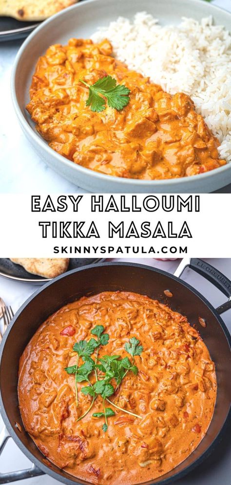 Halloumi Tikka Masala Halloumi Curry Recipe, Healthy Vegetarian Meal Ideas, Halloumi Tikka Masala, Veggie Tikka Masala, Hallumi Recipes Dinner, Veggie Indian Recipes, Vegetarian Masala, Halloumi Curry, Vegetarian Tikka Masala