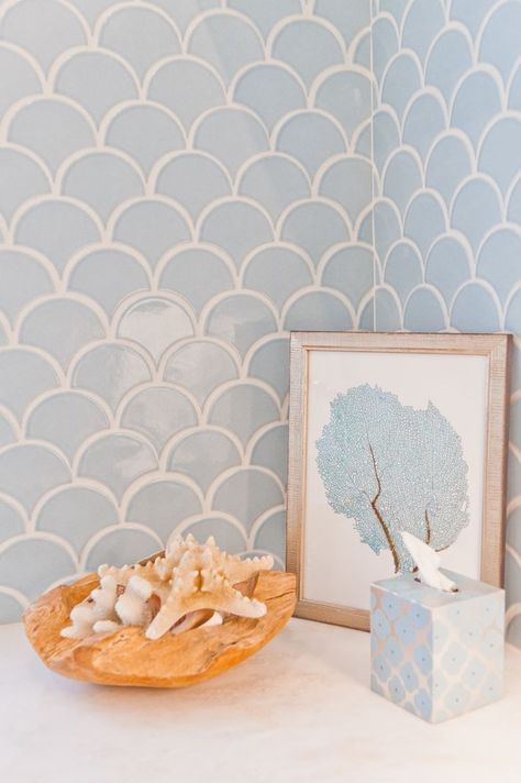 fish scale tile, mermaid tile, light blue tile, bathroom tile, coastal bathroom. Light Blue Tile Bathroom, Scallop Tile Bathroom, Coastal Bathroom Tile, Scallop Tile, Blue Tile Bathroom, Light Blue Tile, Scallop Tiles, Light Blue Bathroom, Coastal Bathroom Design