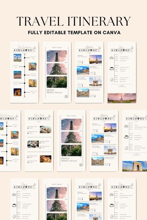 🇫🇷 France Digital Itinerary Template — Your Ultimate Travel Planner to Exploring France.🇫🇷 Crafted with the modern traveler in mind, our template offers a seamless and customizable solution for planning your trips. With its user-friendly design and editable features, you can easily tailor the itinerary to suit your specific needs and preferences. Featuring sections for flights, accommodation, attractions, dining, and more, our template provides a comprehensive framework for organizing every Canva Travel Itinerary, Travel Itinerary Design, Business Model Canvas Templates, Canvas Templates, Aesthetic Canva Templates, Canva Templates Instagram Post, Pubmat Ideas, Itinerary Design, Travel Itinerary Planner