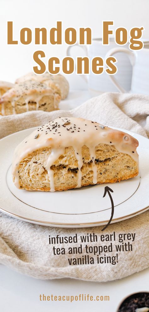 Aromatic and tender scones infused with earl grey black tea and topped with vanilla icing. These scones are filled with bright bergamot flavour and sweet, comforting vanilla notes just like a London Fog tea latte. If you are a fan of this popular latte, these scones are for you. Scone Fillings, Scone Icing Recipe, Lavender Earl Grey Scones, Black Tea Cookies, London Fog Scones, Earl Gray Scones, Tea Pastry Recipes, Christmas Morning Scones, Scone Flavor Ideas