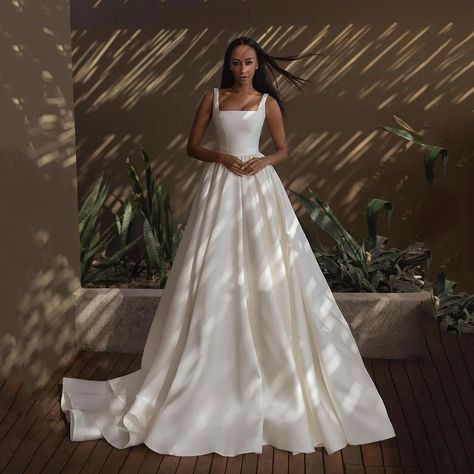 Satin A Line Wedding Dresses 2024 Backless Long Wedding Party Gowns With Bow Simple For Women Draped Wedding Dress, Wedding Dress With Train, Classic Prom Dress, Illusion Wedding Dress, Prom Dresses Simple, Dress With Train, Satin Homecoming Dress, Beach Wedding Dress Boho, Simple Prom Dress