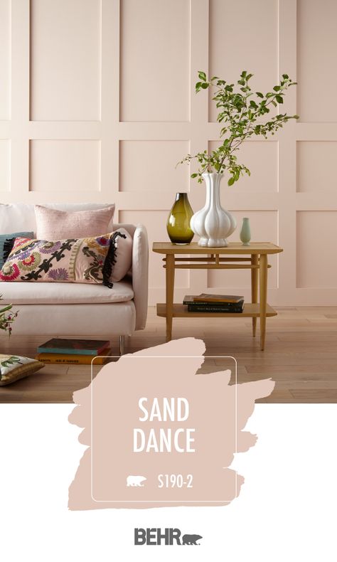 If your interior design style is glam and glitzy, then Behr Paint in Sand Dance is the perfect wall color for you. Just check out this living room for inspiration! Muted shades of blush pink mix with mid-century modern decor to create a feminine space that still feels timeless. Click below for more color details. Sand Dance, Dance Room, Dekorasi Bohemia, Pink Paint Colors, Behr Paint Colors, Interior Design Minimalist, Behr Paint, Room Paint Colors, Bohol