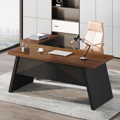 PRICES MAY VARY. 【Contemporary Design】With its sleek L-shape, the Boss Desk + File Cabinet Set radiates a contemporary vibe. The robust black frame beautifully offsets the Kato oak desktop, while the unique file cabinet door pattern strikes a balance between trendy and sophisticated. 【Large Workspace】This 62" home office working desk with a spacious top surface provides you with the space you need for office items like your laptop, stacks of notepads, folders, and your hot cup of coffee. 【Versat Desk File Cabinet, Boss Desk, Large Home Office, L Shaped Office Desk, Large Computer Desk, L Shaped Executive Desk, File Cabinet Desk, Home Office Computer Desk, Home Office Furniture Sets