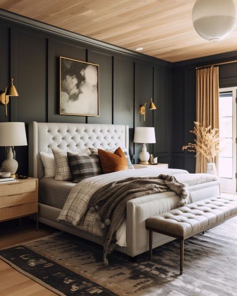 Sophisticated Primary Bedroom, Mountain Chic Interior Design, Dark Grey Room, Dark Grey Bedroom, Modern Glam Bedroom, Moody Bedroom Ideas, Bedroom Dark, Decorate Bedroom, Bedroom Styling