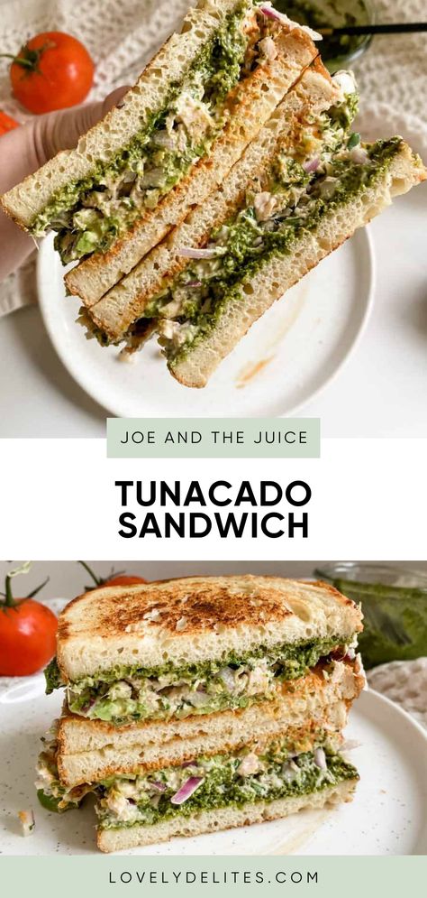 This Joe & the Juice Tunacado Sandwich filled with tuna and jam packed with flavor from the herby pesto to the spicy mayo. This tuna and avocado sandwich is the perfect working from home lunch recipe. If you want a spicy tunacado sandwich, add on my homemade spicy aioli. Tuna Cado Sandwich, Tuna Cucumber Sandwich, Spicy Tunacado Sandwich, Tunacado Sandwich Joe And The Juice, Tunacado Recipe, Tuna Sandwich Recipes Healthy, Work From Home Lunch Ideas, Tunacado Sandwich, Tuna Avocado Sandwich