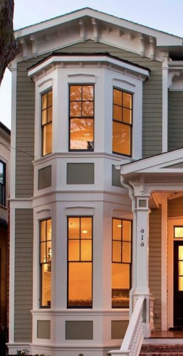 two-story bay window set into a cross gable Modern Bow Window Exterior, Two Story Bay Window, Double Bay Fronted House, Two Story Bay Window Exterior, Victorian Bay Window Exterior, Modern Bay Window Exterior, Exterior Bay Window Ideas, Victorian Homes Modern, Bay Window Exterior Ideas