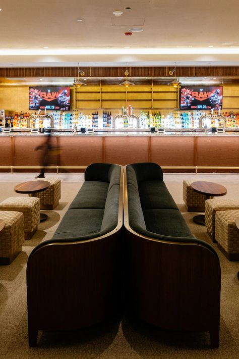 New York’s Newest Hotspot Is... the Hockey Arena? | Architectural Digest Restaurant Booth Design, Upholstered Banquette Seating, Ubs Arena, Blue Velvet Curtains, Carlyle Hotel, Hockey Arena, Upholstered Banquette, New York Bar, Restaurant Booth