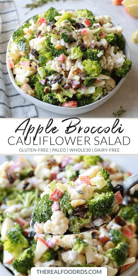 Apple Broccoli Cauliflower Salad | Add more veggies to your plate with this Apple Broccoli Cauliflower Salad that’s tossed in a creamy, lemony garlic dressing. || The Real Food Dietitians #whole30 #paleo #glutenfree #salad #therealfoodrds Salad Taco, Salad Macaroni, Dairy Free Salads, Broccoli Cauliflower Salad, Salad Kale, Real Food Dietitians, Dessert Book, Resep Pasta, Paleo Side Dishes