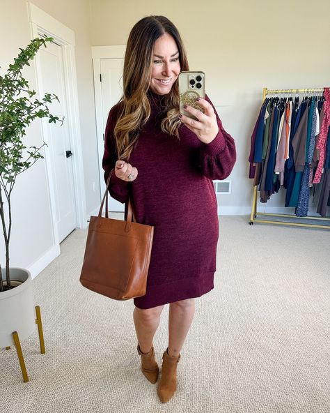 Family Photos Burgundy, Fall Family Photos Burgundy, Maroon Sweater Outfit, Burgundy Dress Outfit, Maroon Sweater Dress, Workwear Capsule, Fall Workwear, Tan Blouse, Fall Sweater Dress