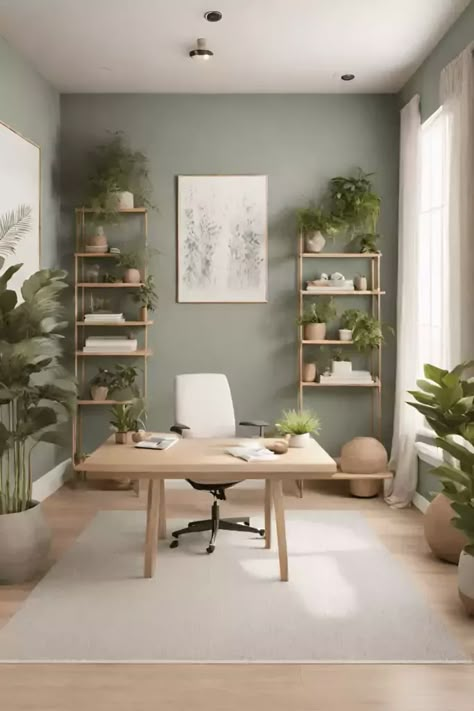 Office For Creatives, Small Home Office Bedroom Combo, Muted Green Office, Light Green Office Ideas, Home Office Inspiration Green, Holistic Office Decor, Home Office Sage Green, Light Green Home Office, Work From Home Office Background