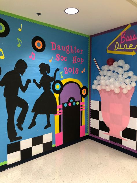 50s Theme Classroom Door, Grease Door Decorations, 50s Theme Decorations, 50s Rock And Roll Party, Decades School Theme, Diner Classroom Theme, Sock Hop School Dance, 50s Bulletin Board Ideas, Sock Hop Dance Ideas