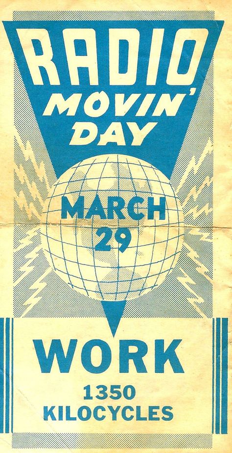 https://flic.kr/p/21ok9nP | Vintage Flyer From Radio Station WORK For Radio Movin' Day, March 29, 1941 | Radio Moving Day resulted from the North American Radio Broadcasting Agreement, negotiated by the United States, Canada and Mexico.The pact extended the AM broadcast band from 1500 kHz to 1600 kHz The reordering shifted most existing AM stations' frequencies in order to create bandwidth for new clear-channel station allocations. 70s Radio Station, Broadcasting Aesthetic, Radio Station Aesthetic, Radio Show Poster, Vintage Radio Station, Broadcast Band, Radio Aesthetic, Hope Aesthetic, Vintage Flyer