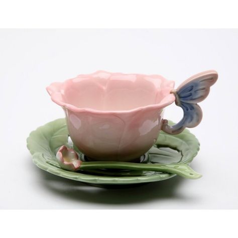 This charming Ceramic Rose with Butterfly Cup and Saucer and Spoon-1 Set is perfect for tea parties Cafe decor and special gifts for her mom and friends! With its beautiful design its sure to bring warmth and joy to all your gathering and occasions. Tea Cup Sculpture, Ceramic Tea Spoon, Cafe Cup Design, Rose With Butterfly, Butterfly Cup, Ceramic Tea Cups, Ceramic Rose, Butterfly Mug, Tea Cup Design