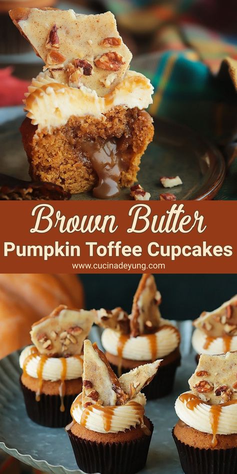 Brown Butter Pumpkin Toffee Cupcakes – CUCINADEYUNG Pumpkin Cupcake Filling, Christmas Cupcake Flavors, Pumpkin Spice Toffee, Pumpkin Toffee, Toffee Cupcakes, Brown Butter Cream Cheese Frosting, Brown Butter Cream Cheese, Thanksgiving Cupcakes, Butter Cream Cheese Frosting