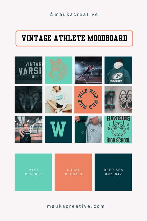 Colour palette and brand board created for a personal trainer, fitness, athletic business. This moodboard is incpired by vintage athletics and sport styles. Fonts are inspired by varisty and old year books. This moodboard is designed with a GenZ market in mind. Sport Brand Color Palette, Fitness Color Palette, Sport Color Palette, Sport Moodboard, Colour Pallettes, Brand Board Design, Gym Space, Team Costumes, Personal Training Studio