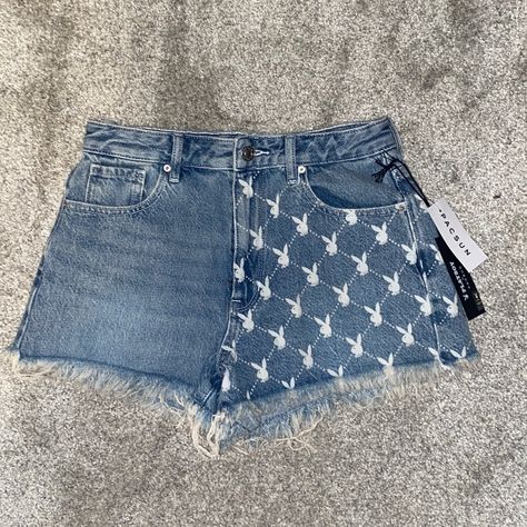 Completely New With Tags Limited Edition, No Longer Made Classic Playboy Logo Over Left Half Of Shorts High Rise Shorties Playboy Logo Button Light Wash Denim Real Pockets Playboy Clothes, Playboy Shorts, Playboy Logo, Pacsun Jeans, Light Wash Denim, Pacsun, Aesthetic Clothes, Jean Shorts, Denim Shorts