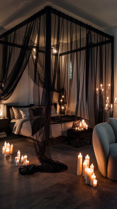 Transform your room into a sanctuary with these dark romantic bedroom ideas. Explore tips on creating a cozy, intimate, and luxurious atmosphere. Gothic Romance Aesthetic Bedroom, Candlelit Bedroom Romantic, Romantic Rooms Ideas, Light Modern Bedroom Ideas, Black And Bedroom Ideas, Red And Black Canopy Bed, Dark Goth Bedroom Ideas, Black Luxury Bedroom Ideas, Seductive Room Decor