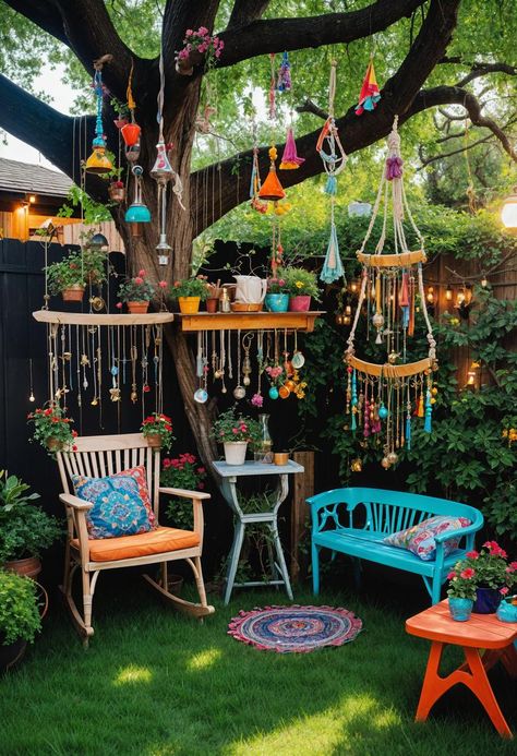 Bohemian Garden Inspiration, Wild Garden Ideas, Bohemian Garden Ideas, Hippie Backyard, Hippie Garden Ideas, Deco Hippie, Eclectic Backyard, Boho Garden Ideas, Hippy Decor