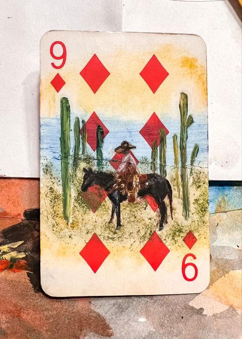 Western Ranch Interior Design, Western Art Inspiration, Vintage Western Paintings, Cowgirl Aesthetic Painting, Funky Western Art, Canvas Painting Western, Art On Playing Cards, Cowboy Paintings Western, Cowboy Watercolor Paintings