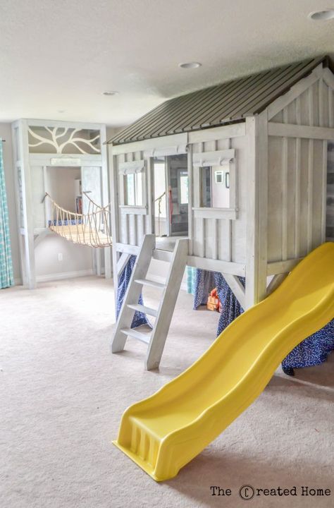 The Created Home Cabin Playroom With Rope Bridge And Climbing Wall Cabin Playroom, Cabin Playhouse, Playhouse Ideas, Indoor Playroom, Rope Bridge, Diy Cabin, Indoor Playhouse, Restoration Hardware Inspired, Basement Playroom