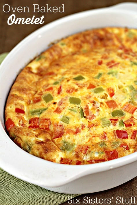 Oven Baked Omelet Recipe on SixSistersStuff.com - mix ingredients together, pour in a pan, and bake! Easiest breakfast ever. Baked Omelette Recipe, Baked Omelette, Baked Omelet, Omelets Recipe, Favorite Breakfast Recipes, Six Sisters Stuff, Omelette Recipe, Egg Breakfast, Breakfast Brunch Recipes