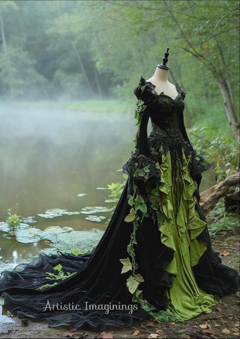 Dark Fae Dress, Green Fairy Wedding Dress, Green Gothic Dress, Fantasy Ballgowns, Goblin Princess, Elaborate Dresses, Dark Fairy Outfit, Vishma Maharaj, Strange Dream