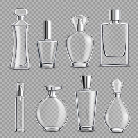 Perfume Glass Bottles Realistic Transparent - Vector EPS Perfume Logo, Bottle Drawing, Perfume Bottle Design, Perfume Packaging, Industrial Design Sketch, Cosmetic Bottles, Perfume Design, Box Mockup, Potion Bottle