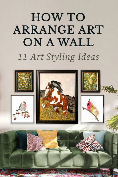 how to arrange art on wall gallery wall over sofa Gallery Wall With Large Picture, Gallery Wall With One Large Painting, Gallery Wall With Large Painting, Wall Collage With One Large Picture, Artwork Living Room Wall, Paintings Arrangement On Wall, Arrange Wall Art, Large Print Gallery Wall Layout, Art Work In Living Room