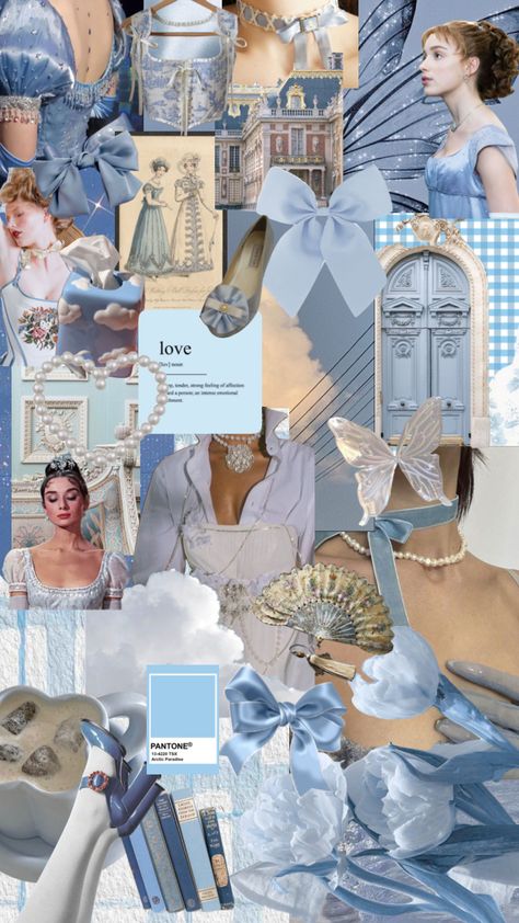 Blue Regency Aesthetic, Blue Bridgerton Aesthetic, Sky Blue And White Aesthetic, Sky Blue Mood Board, Bridgerton Blue Aesthetic, Bridgerton Inspired Wallpaper, Bridgerton Aesthetic Painting, Regency Aesthetic Wallpaper, Bridgerton Aesthetic Decor