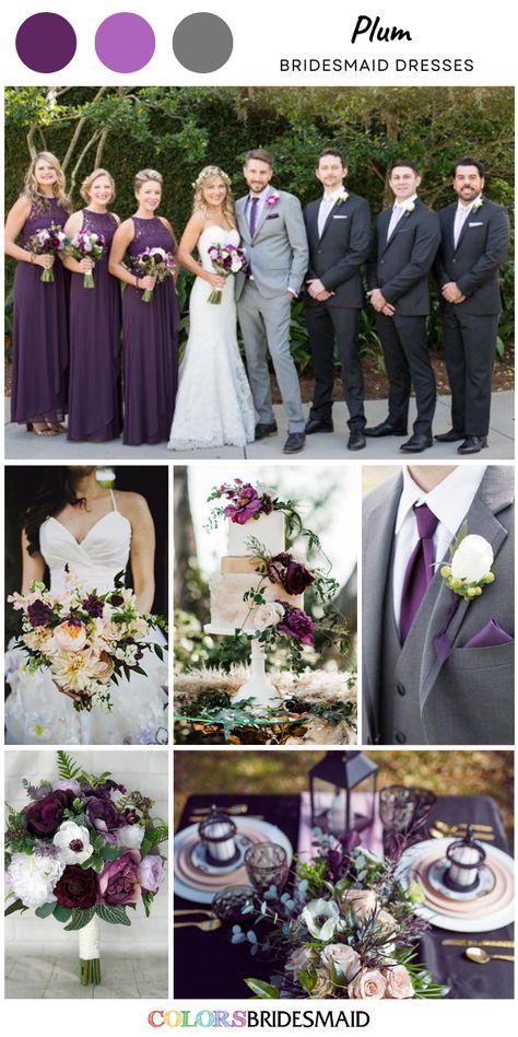 Plum bridesmaid dresses on sale under $100, in 600+ custom-made styles and all sizes, white bridal gown, white and plum flower and greenery bouquet, wedding cake décor and centerpieces, plum groomsmen ties. #colsbm #bridesmaids #bridesmaiddresses #weddingideas #purplewedding #plumwedding #bouquet #weddingcake #weddingties #weddingcenterpieces #plumdress b2254 Plum And Navy Bouquet, Plum Dresses Bridesmaid, Plum Gray Wedding, Plum And Dark Green Wedding Colors, Plum Bridal Party, Purple Wedding Pallet, Plum And Sage Wedding Colors, Deep Purple Wedding Decor, Plum Flowers Wedding