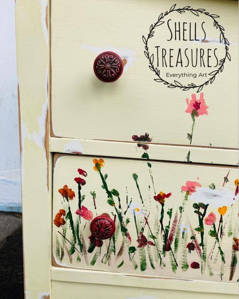 Wildflower Painted Furniture, Hand Painted Wild Flowers, Sunflower Dresser Painted Furniture, Flowers Painted On Furniture, Front Pillars, Dresser Inspo, Painting Bookcase, Project Room, Tiny Paintings