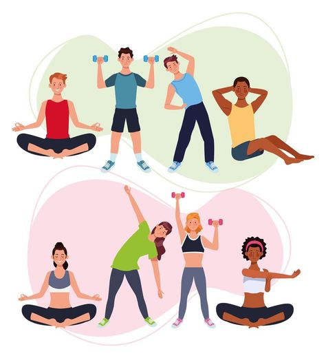 People practicing exercise, athletes characters Pictures Of Exercises, Exercise Cartoon, Exercise Clipart, Exercise Drawing, People Exercising, Gym Vector, Fitness Vector, Gym Art, Planet Fitness