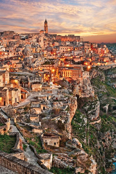 Matera, Basilicata, Italy. Trulli & Sassi with Jules Verne. Explore unique Basilicata landscape - view of the old town (sassi di Matera) and the creek at the bottom of the deep ravine Matera Italy, Cities In Italy, Cultural Capital, Places In Italy, Voyage Europe, Places In Europe, Jules Verne, Ancient City, Destination Voyage