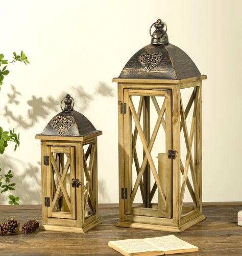 Farmhouse Lantern Decor Ideas, Farmhouse Lantern Decor, Farmhouse Lanterns, Farmhouse Lantern, Wooden Lantern, Large Farmhouse, Floor Candle, Gold Lanterns, Lantern Candle Decor