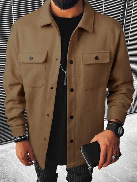 Manfinity Homme Men Button Front Flap Pocket Overcoat | SHEIN USA Casual Outwear, Custom Made Clothing, Pocket Pattern, Pocket Jacket, Outfit Casual, Casual Outfit, Flap Pocket, Everyday Look, Collar Styles