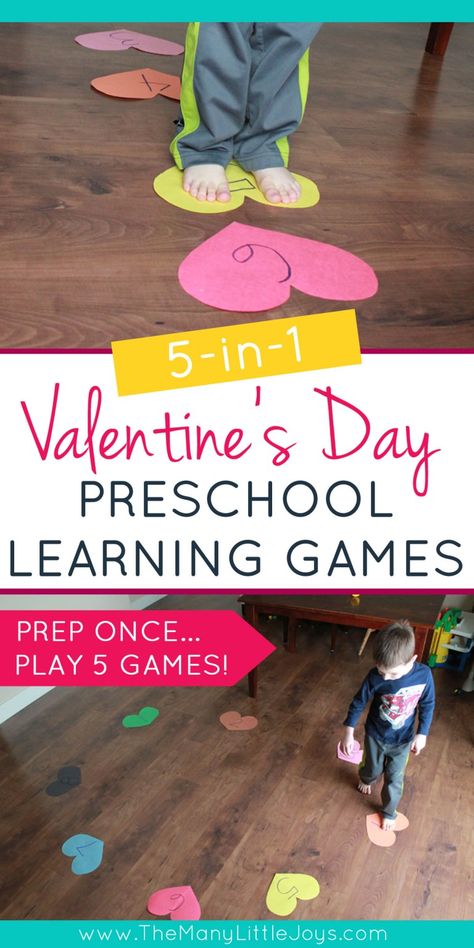 5-in-1 Valentine's learning game for preschoolers - The Many Little Joys Easy Valentine Games For Preschoolers, Preschool Valentines Activities Games, Toddler Valentines Games, Valentines Day Games For Kids Preschool, Valentine Day Preschool Activities, Preschool Love Activities, Valentine’s Day Games Preschool, Preschool Valentines Games, Toddler Valentine Activities