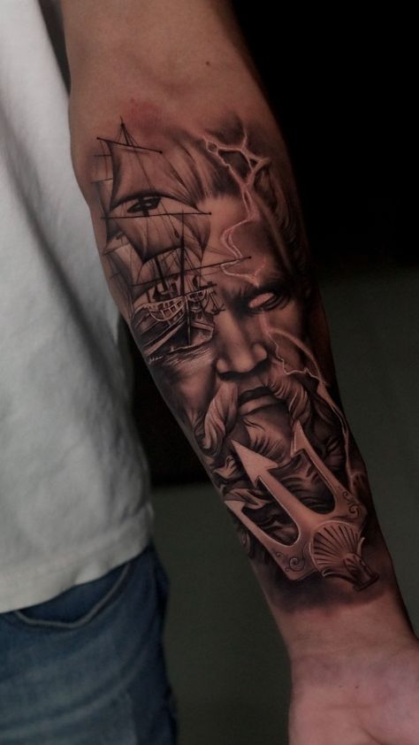 Poseidon Tattoos For Men, Poseidon Tattoo Forearm, Cool Bicep Tattoo Men, Ancient Greece Tattoo Mythology, Greek Forearm Tattoo Men, Poseidon Tattoo Sleeve, Calf Sleeves Tattoo, Odysseus Tattoo, Realistic Tattoo Ideas