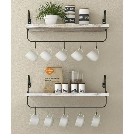 Afuly Coffee Mug Holder, Coffee Bar Shelf with Hooks Wall Mount Cup Organizer Mug Racks Coffee Pods Storage Hanger Farmhouse Kitchen Decor, White Size: 16.54"D x 5.91"W x 0.59"H.  Color: Off-White. Coffee Bar Shelf, Over The Toilet Rack, Cocina Ideas, Cup Organizer, Coffee Pod Storage, Coffee Mug Holder, Shelf With Hooks, Bar Shelf, Coffee Nook