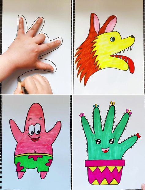 Palm Printing Activity For Kids, Hand Tracing Art, Hand Tracing Art For Kids, Hand Print Drawing, Drawing Tricks For Kids, Snake Draw, Palm Drawing, Pointy Teeth, Basic Drawing For Kids