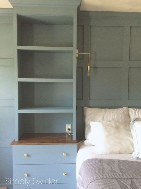 DIY+Master+Bedroom+Built-ins with info on 'how to'. Old Wainscoting Makeover, Built In Dresser In Bedroom Master Suite, Built In Around Bed, Diy Wall Mounted Headboard, Built In Headboard Wall, Built In Nightstand, Built In Dresser In Bedroom, Bedroom Ideas Storage, Nightstand Bookshelf