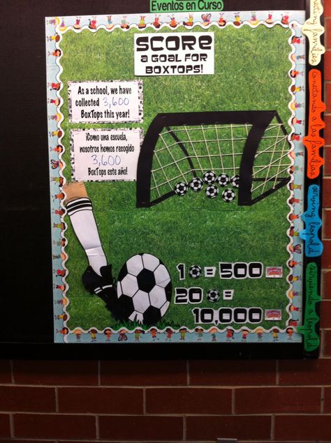 BoxTops Progress Bulletin Board. Money goes towards new soccer goals. Soccer Projects For School, Soccer Bulletin Board Ideas, Progress Bulletin Board, Soccer Bulletin Board, Growth Images, Goals Bulletin Board, Reading Fair, Valentine Bulletin Boards, Kids Bulletin Boards