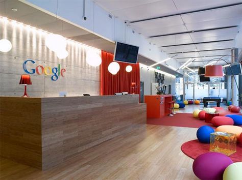 Google Office. Reception Area Office Reception Seating, Google Headquarters, Google Office, Interior Kantor, Corporate Office Design, Office Lobby, Office Pictures, Modern Office Design, Office Reception